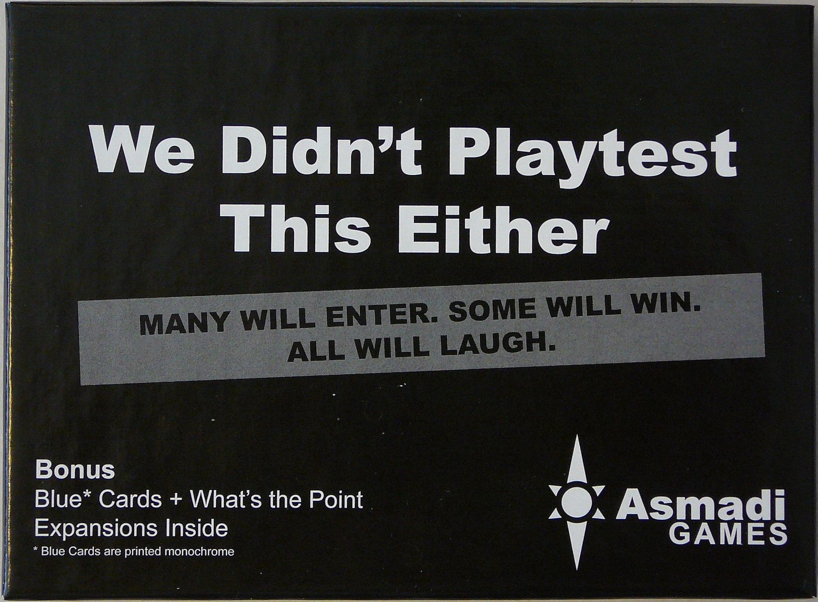 We Didn't Playtest This Either with Blue Cards and What's the Point? expansions box art